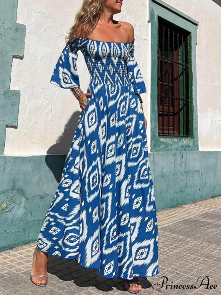 Vacation Ethnic Print Smocked Graceful Off Shoulder Pocketed Maxi Dress - Image 3