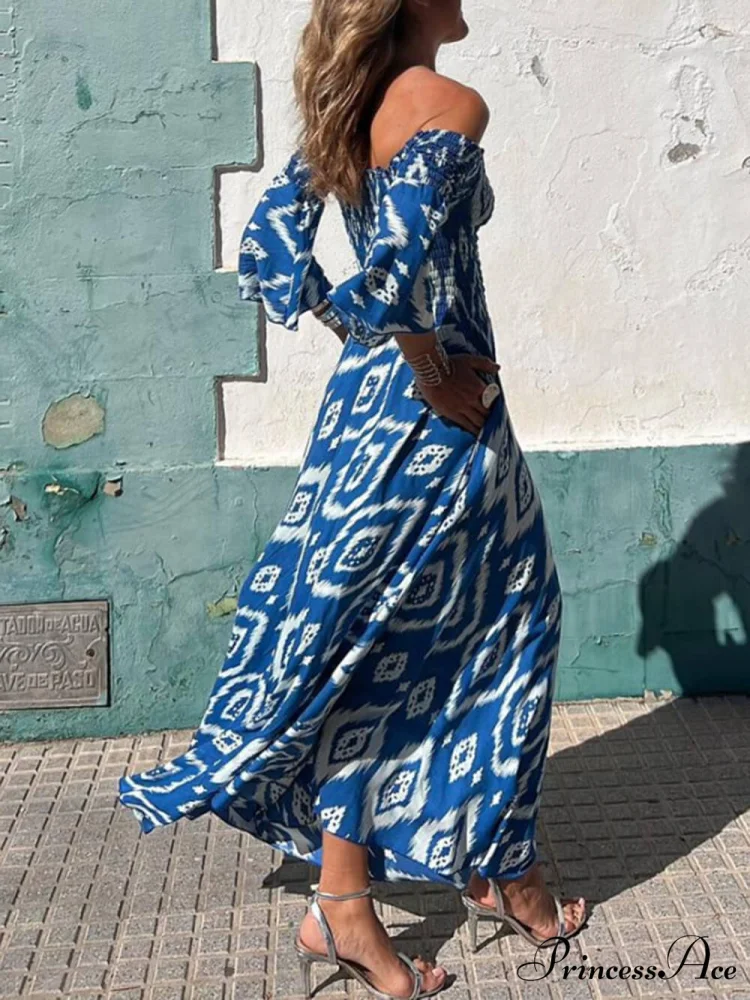 Vacation Ethnic Print Smocked Graceful Off Shoulder Pocketed Maxi Dress - Image 4