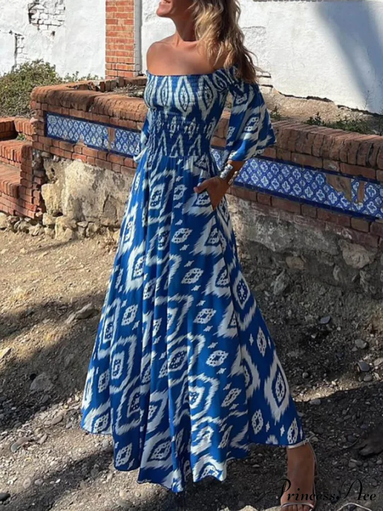 Vacation Ethnic Print Smocked Graceful Off Shoulder Pocketed Maxi Dress - Image 5