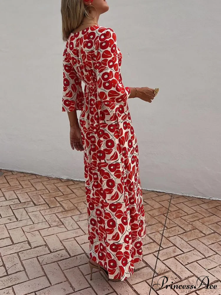 Vacation Floral Print Smocked Graceful Off Shoulder Pocketed Maxi Dress - Image 2