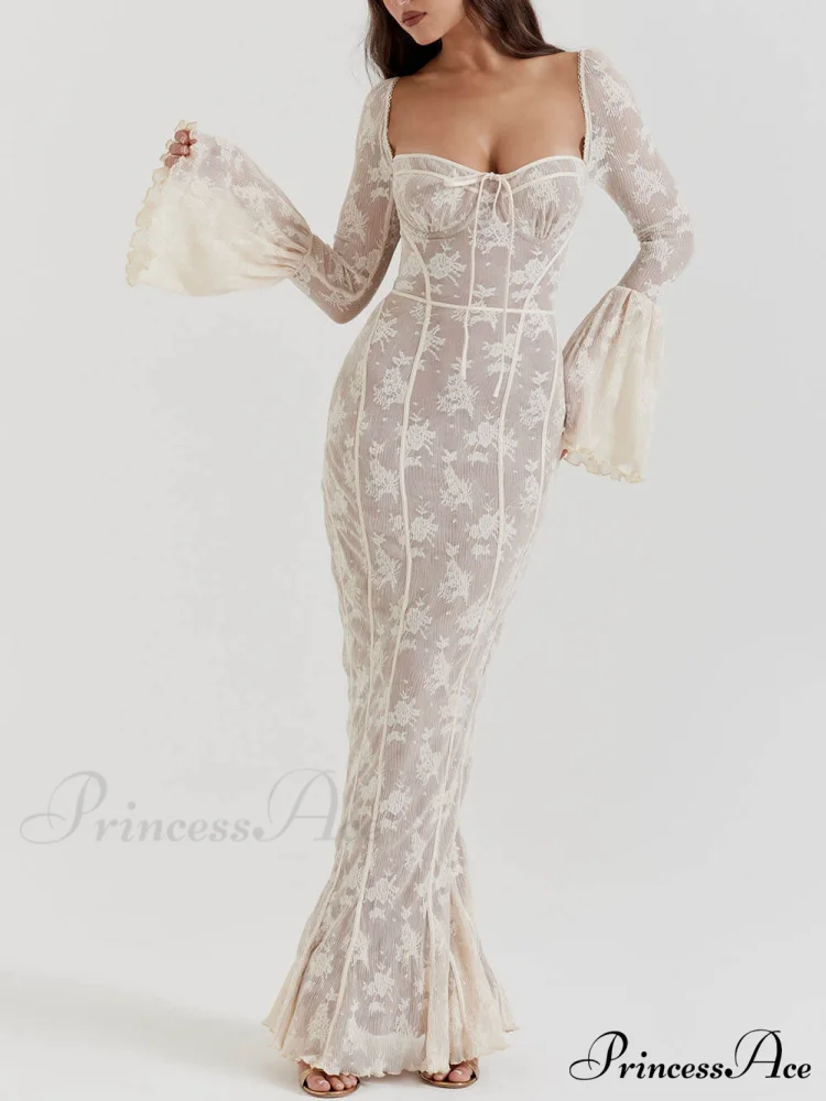 Vintage Cream Stylish Lace Maxi Dress - Image 2