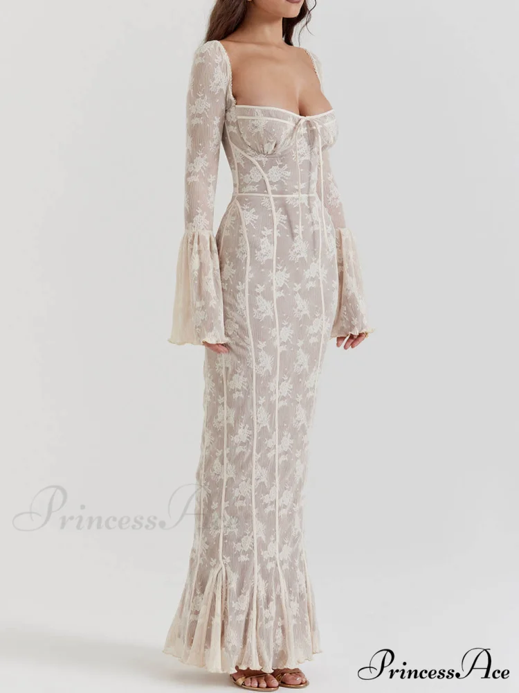 Vintage Cream Stylish Lace Maxi Dress - Image 3