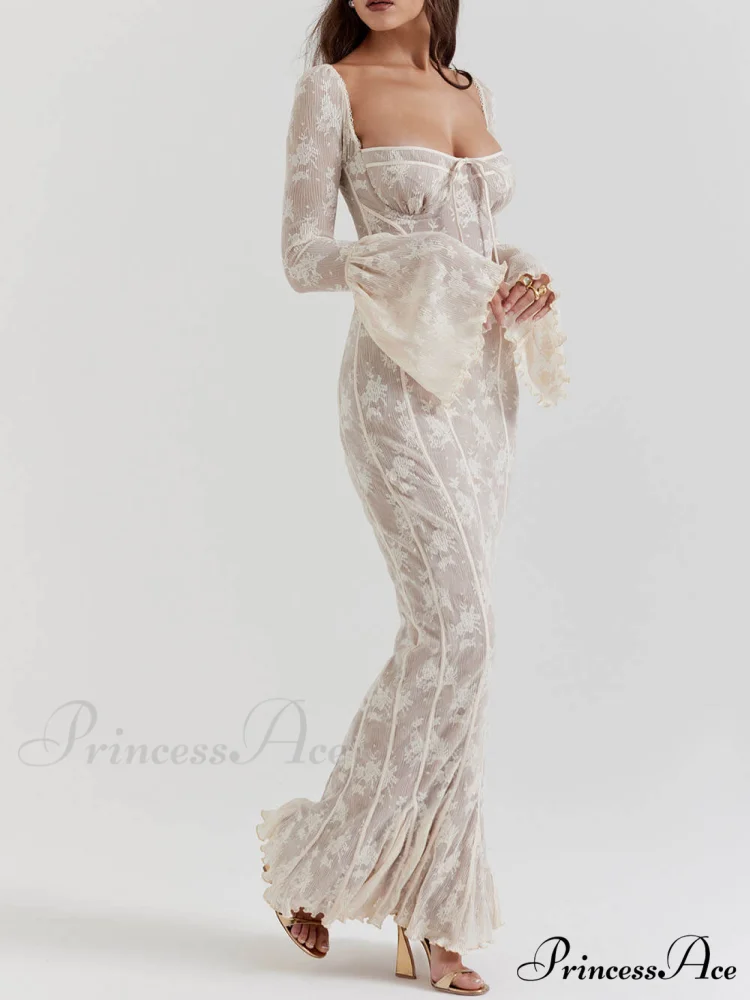 Vintage Cream Stylish Lace Maxi Dress - Image 4