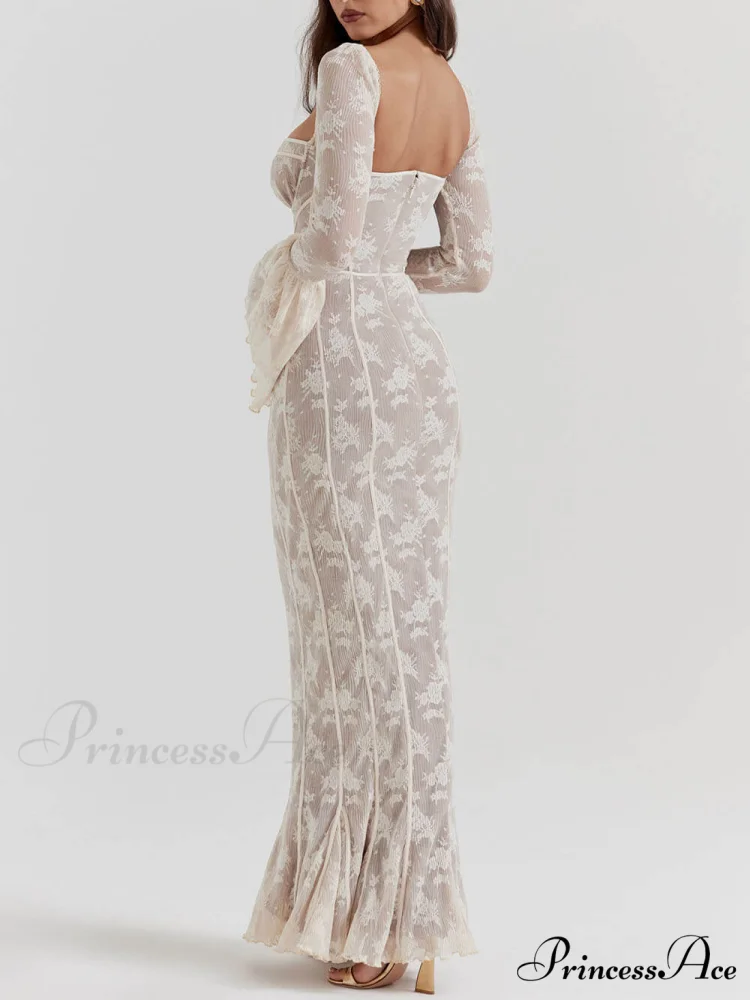 Vintage Cream Stylish Lace Maxi Dress - Image 5