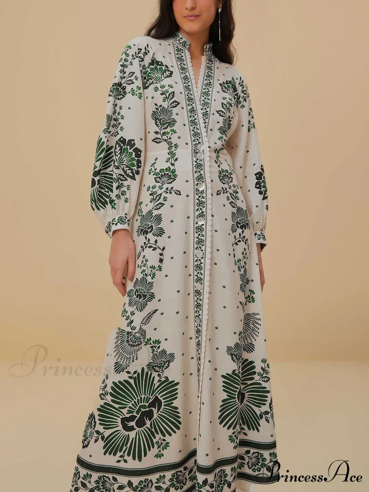 Vintage Floral Print Lantern Graceful Long Sleeve Midi Dress - Image 2
