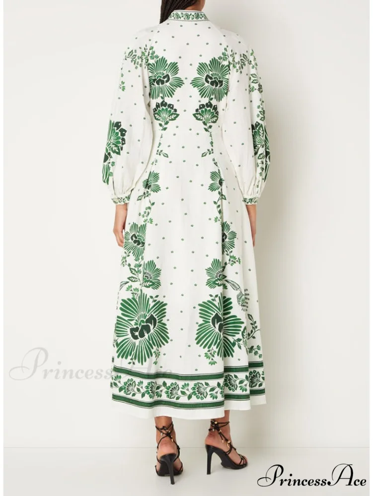 Vintage Floral Print Lantern Graceful Long Sleeve Midi Dress - Image 3
