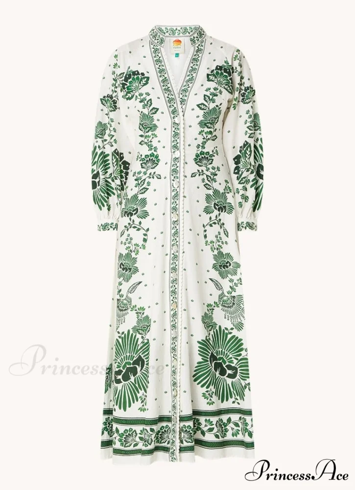 Vintage Floral Print Lantern Graceful Long Sleeve Midi Dress - Image 4