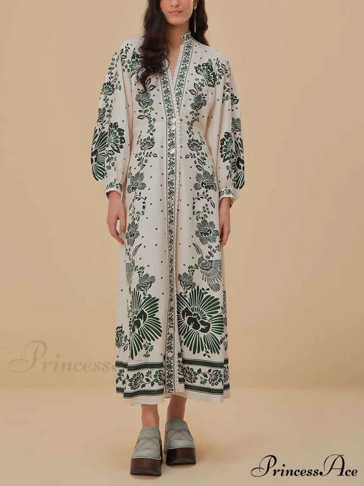 Vintage Floral Print Lantern Graceful Long Sleeve Midi Dress - Image 5
