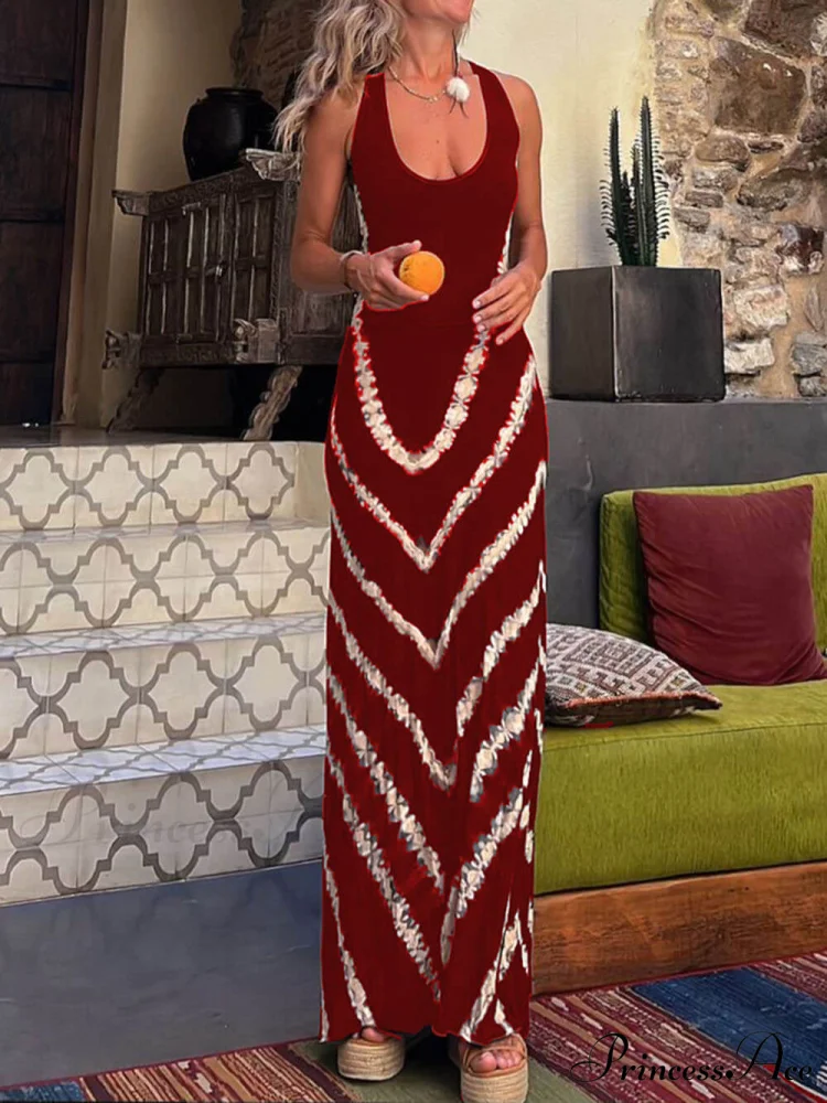 Wave Print Tie Charming Back Stretch Maxi Dress - Image 3