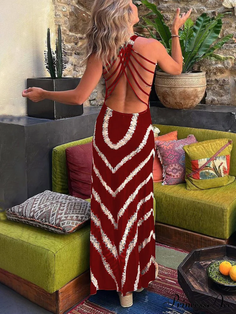 Wave Print Tie Charming Back Stretch Maxi Dress - Image 4