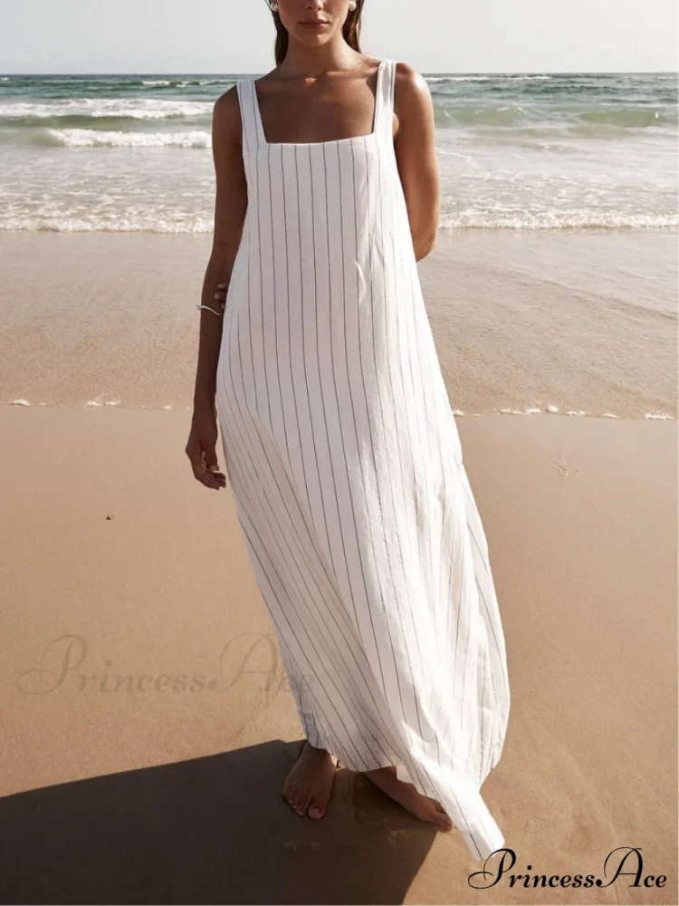 White With Charcoal Charming Pinstripe Maxi Dress - Image 3