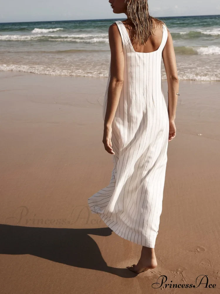 White With Charcoal Charming Pinstripe Maxi Dress - Image 4