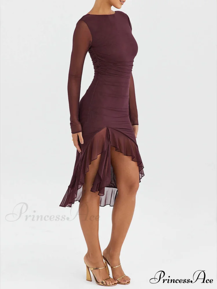 Wine Ruffle Stylish Midi Dress - Image 5