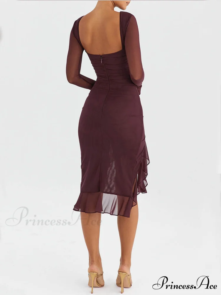 Wine Ruffle Stylish Midi Dress - Image 7