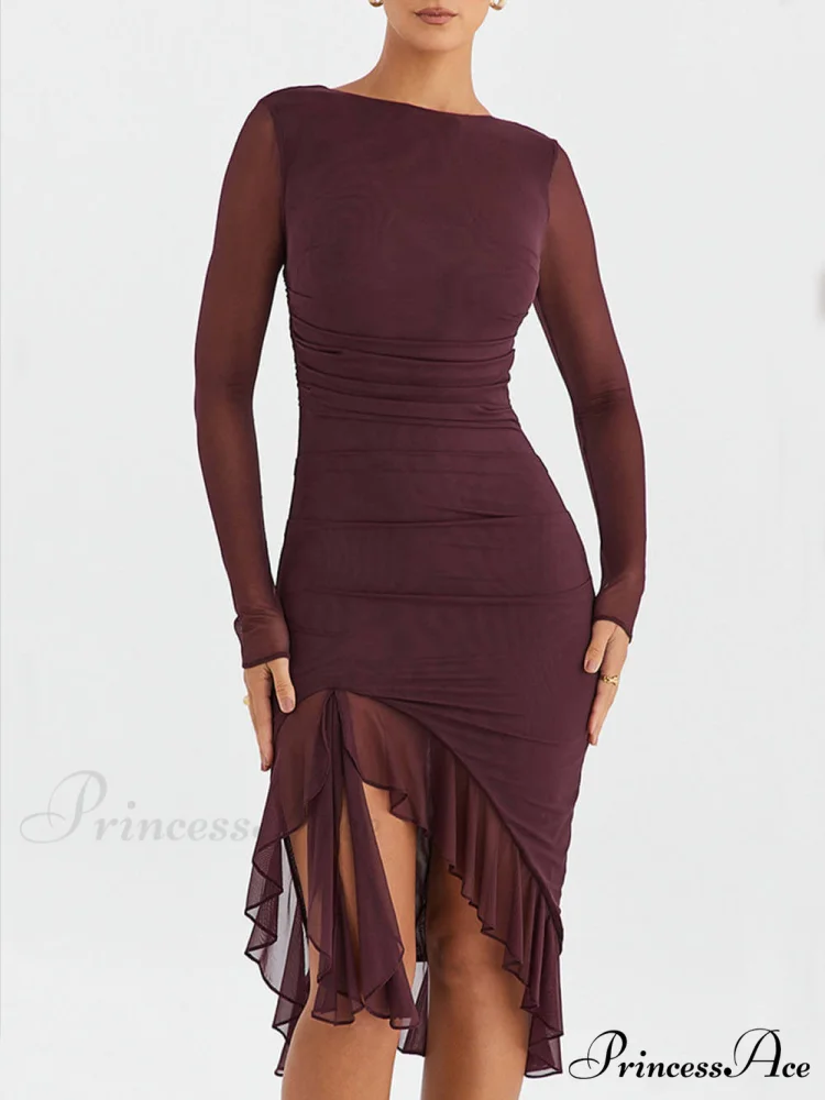 Wine Ruffle Stylish Midi Dress - Image 8