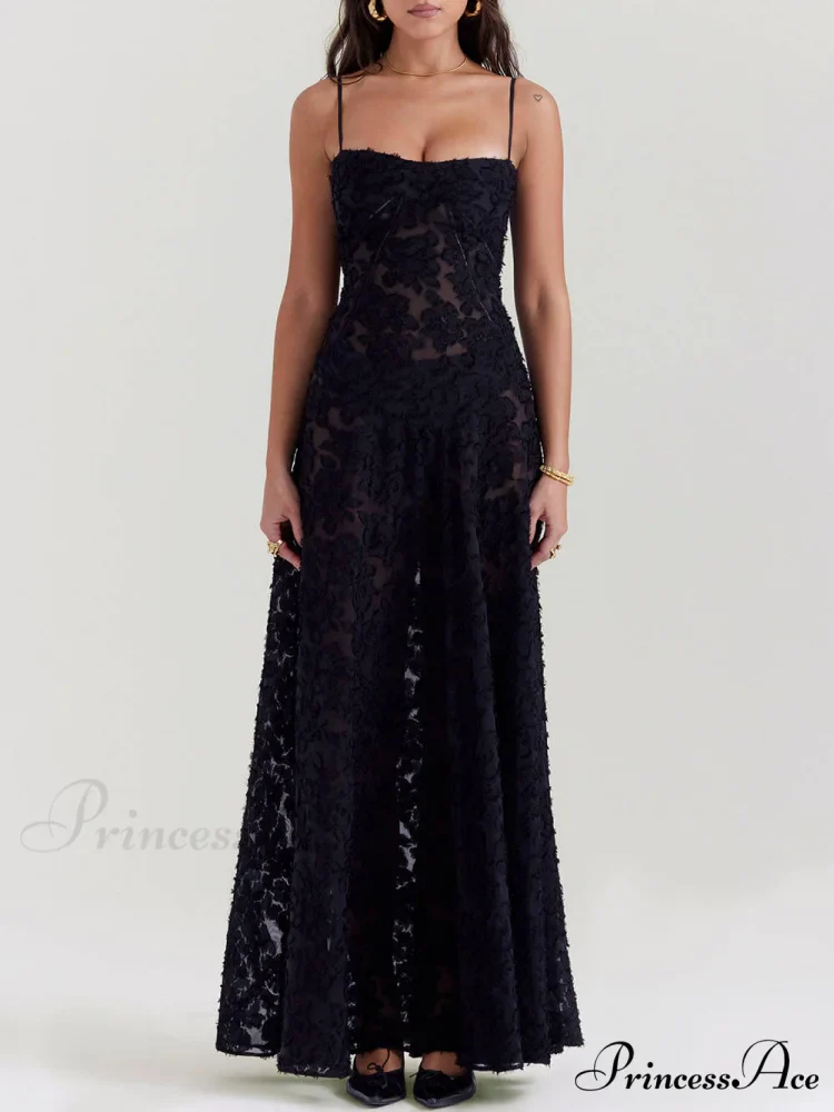 Black Floral Lace Charming Back Maxi Dress - Image 2