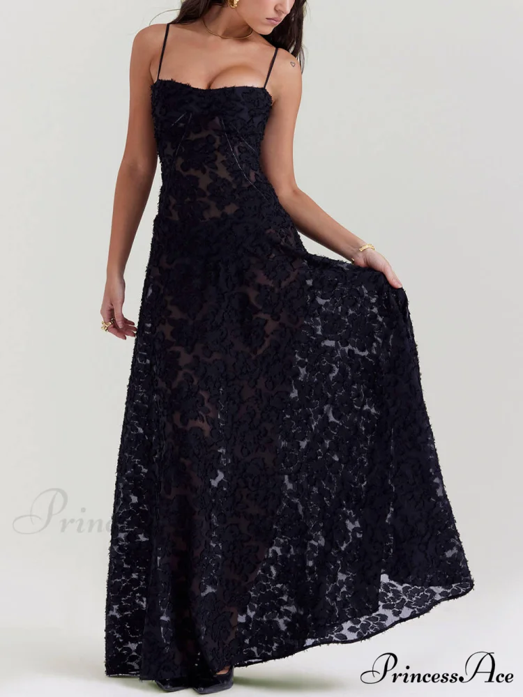 Black Floral Lace Charming Back Maxi Dress - Image 3