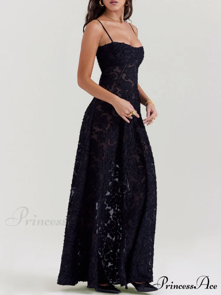 Black Floral Lace Charming Back Maxi Dress - Image 4