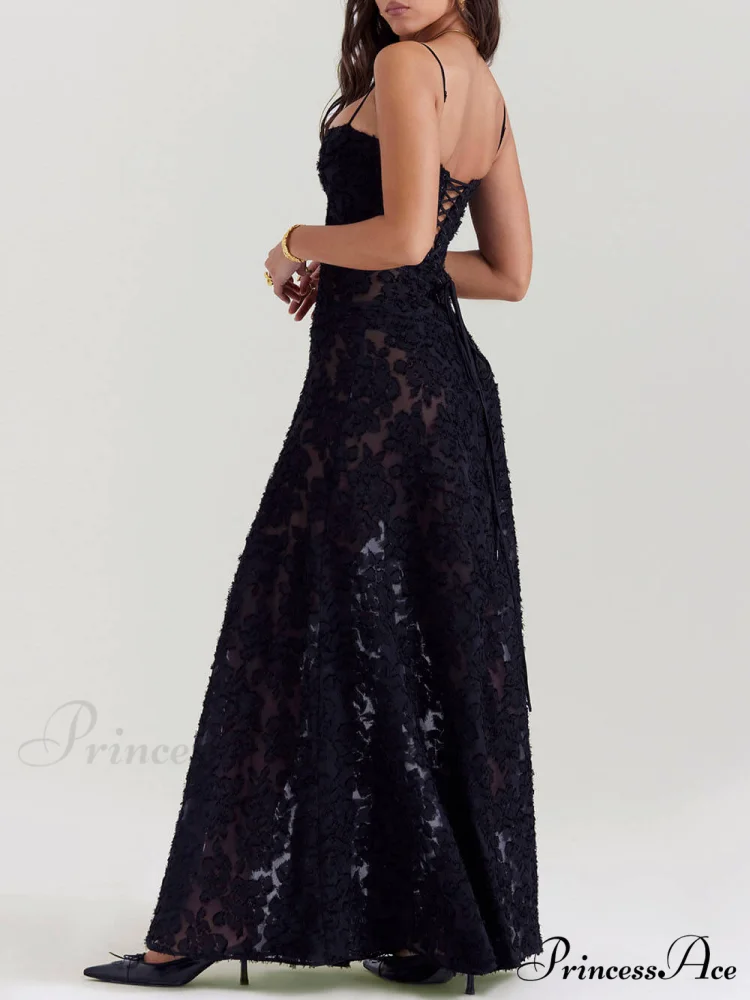 Black Floral Lace Charming Back Maxi Dress - Image 5
