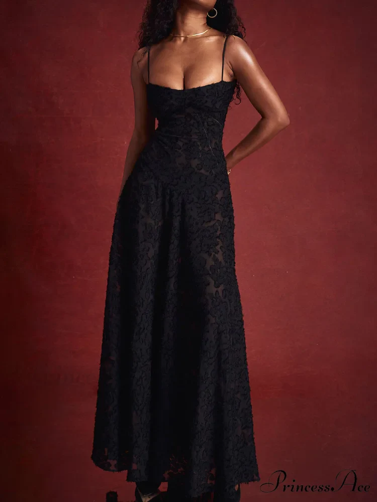 Black Floral Lace Charming Back Maxi Dress - Image 6