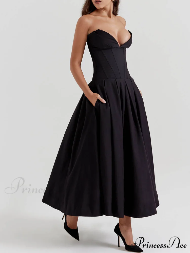 Black Strapless Stylish Midi Dress - Image 3