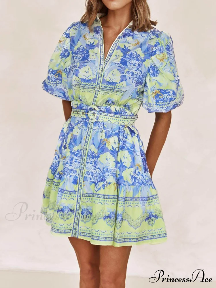 Blue And Yellow Charming Floral Print Mini Dress - Image 2