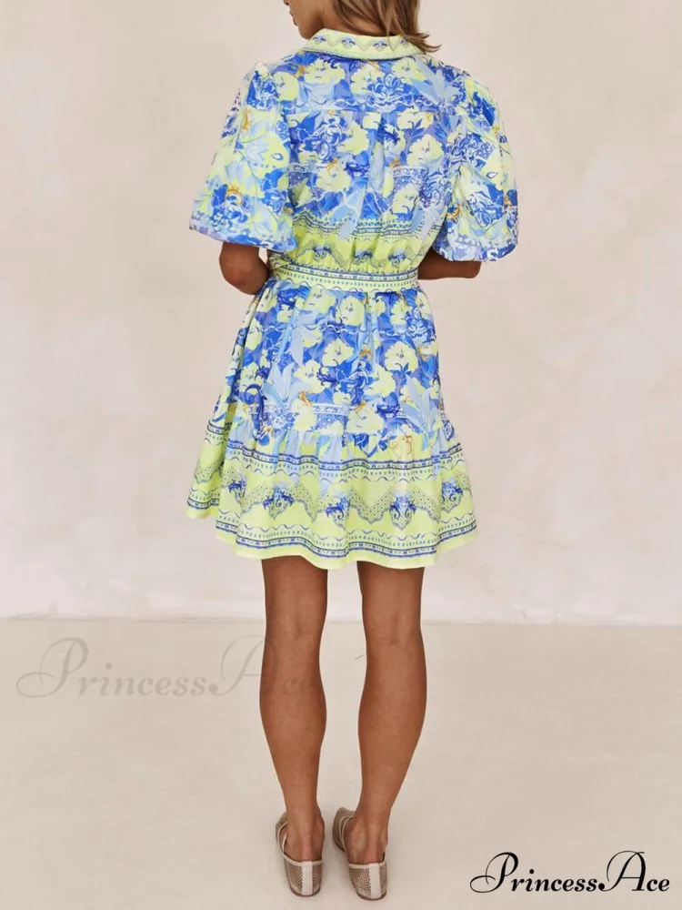 Blue And Yellow Charming Floral Print Mini Dress - Image 3