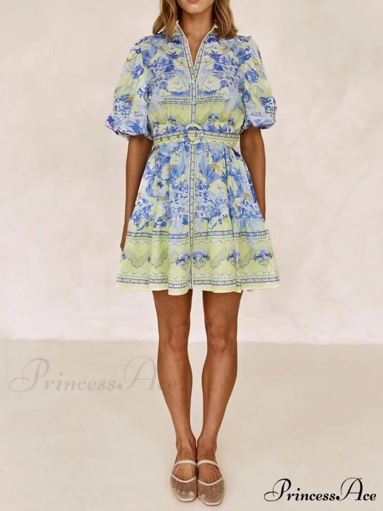 Blue And Yellow Charming Floral Print Mini Dress - Image 4