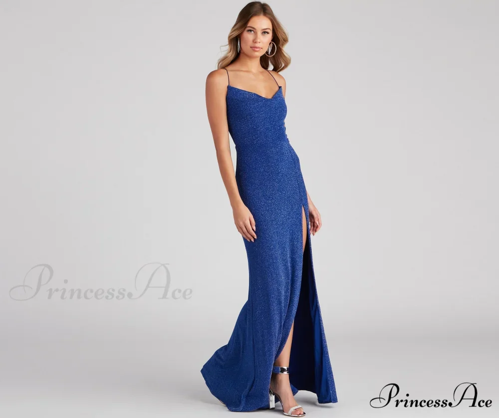 Alondra Cowl Neck Charming Metallic Glitter Formal Dress - Image 4