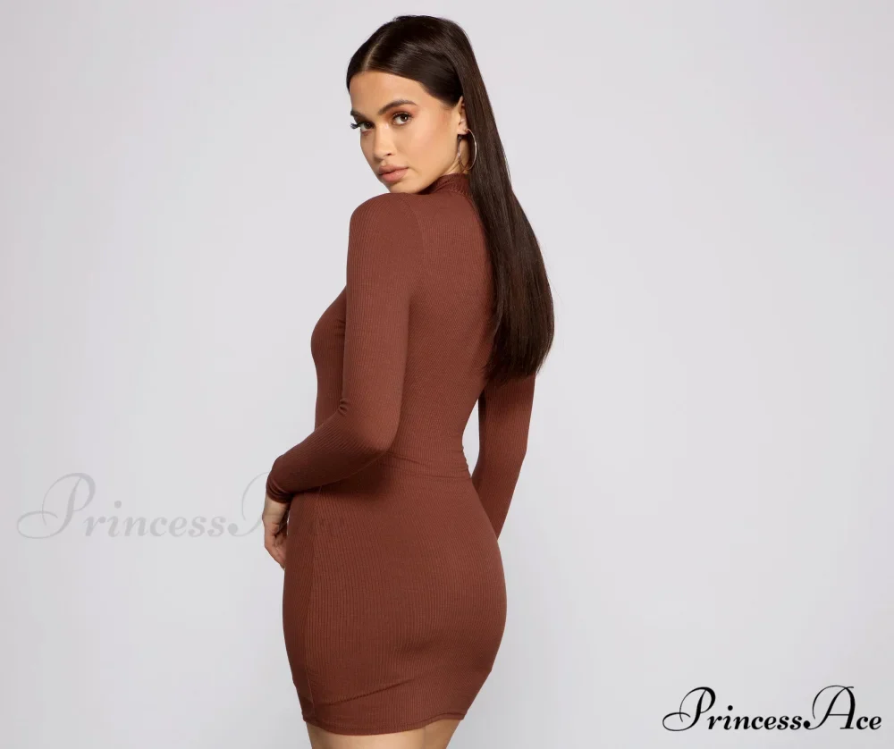 Basic Ribbed Knit Charming Long Sleeve Mini Dress - Image 10