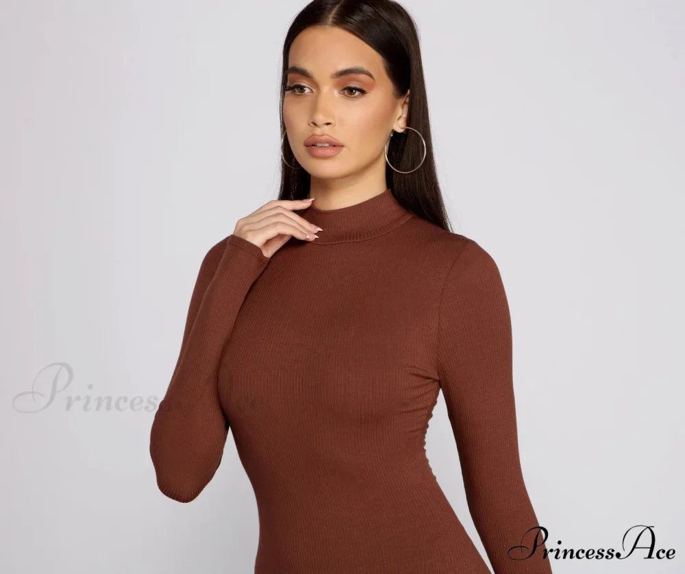 Basic Ribbed Knit Charming Long Sleeve Mini Dress - Image 11