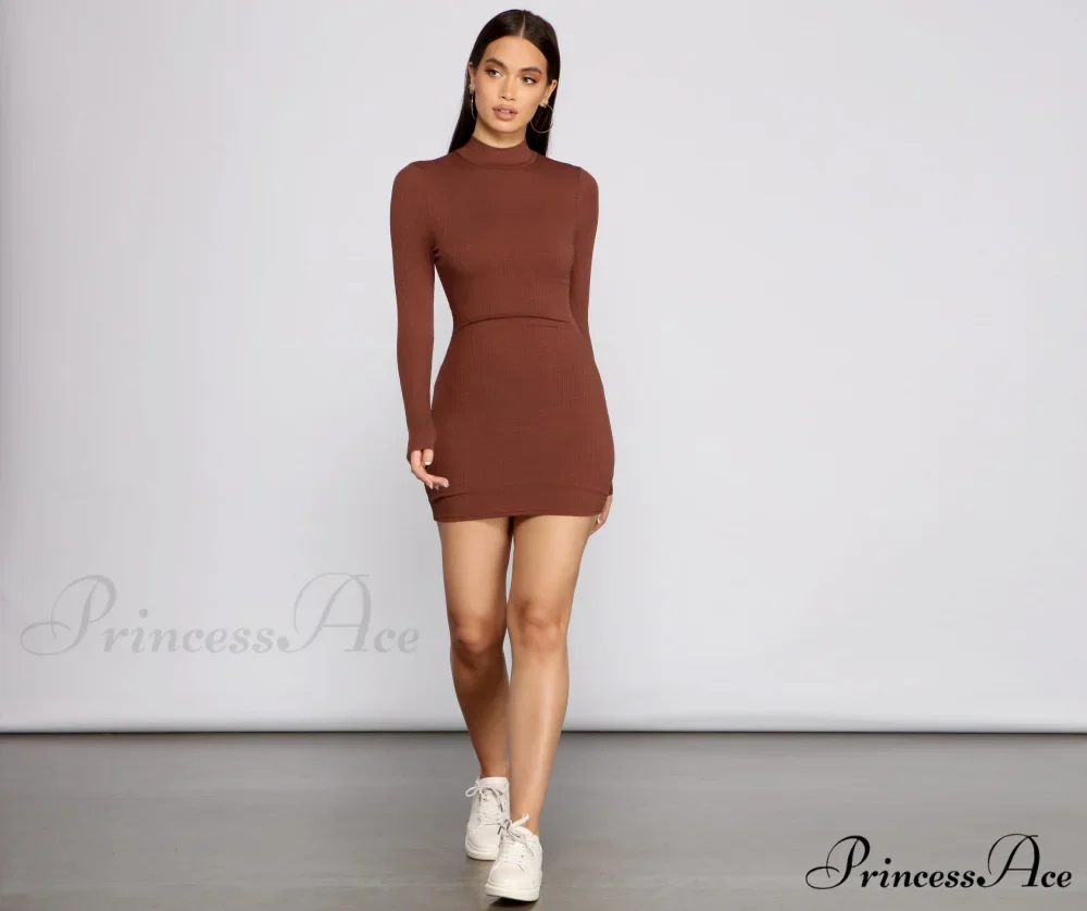 Basic Ribbed Knit Charming Long Sleeve Mini Dress - Image 12