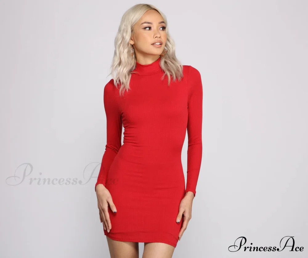 Basic Ribbed Knit Charming Long Sleeve Mini Dress - Image 13