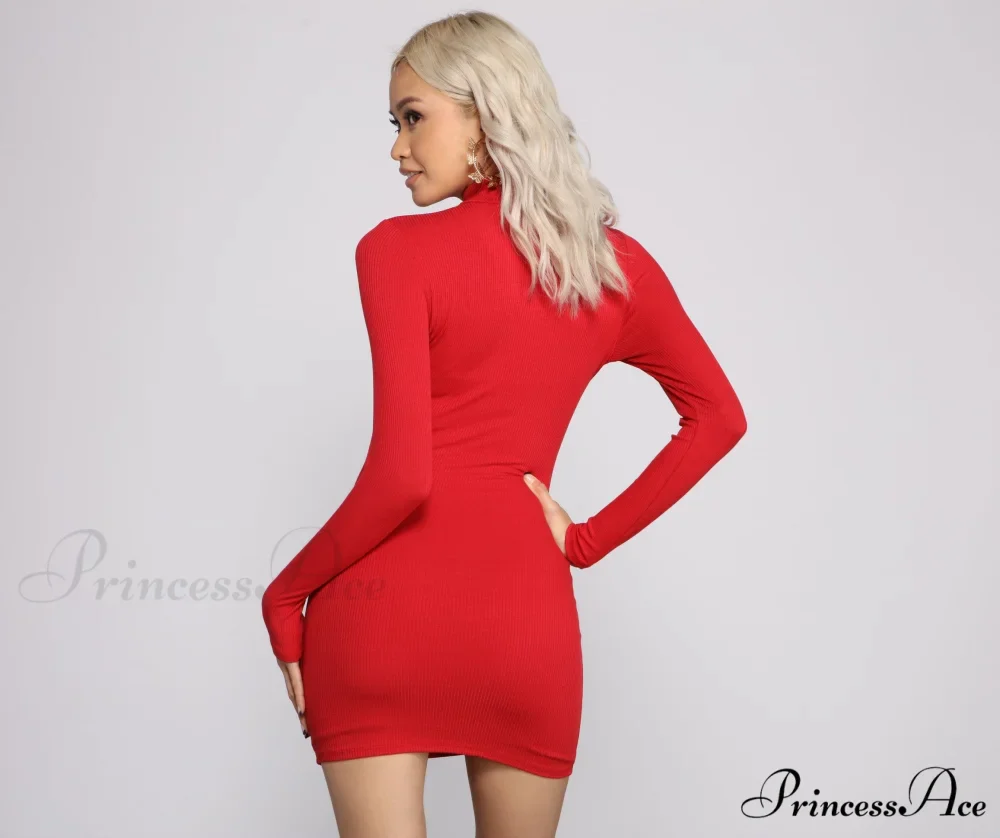 Basic Ribbed Knit Charming Long Sleeve Mini Dress - Image 14