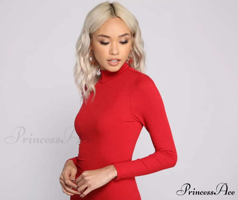 Basic Ribbed Knit Charming Long Sleeve Mini Dress - Image 15