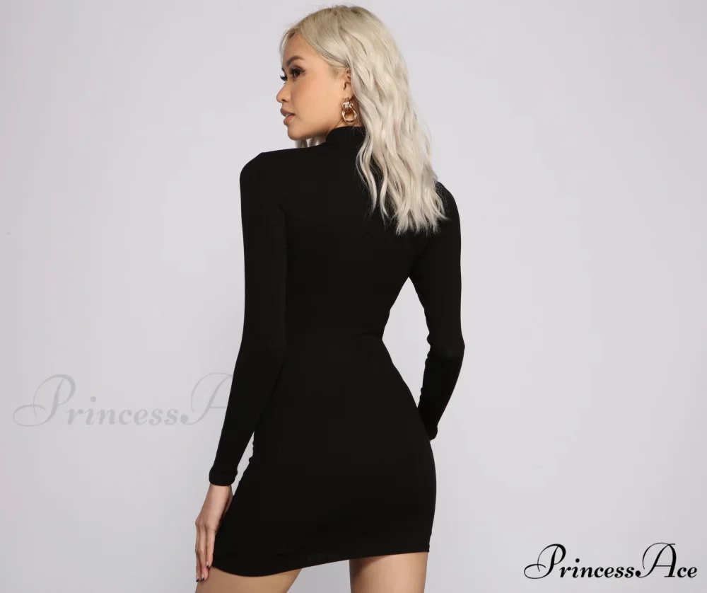 Basic Ribbed Knit Charming Long Sleeve Mini Dress - Image 2