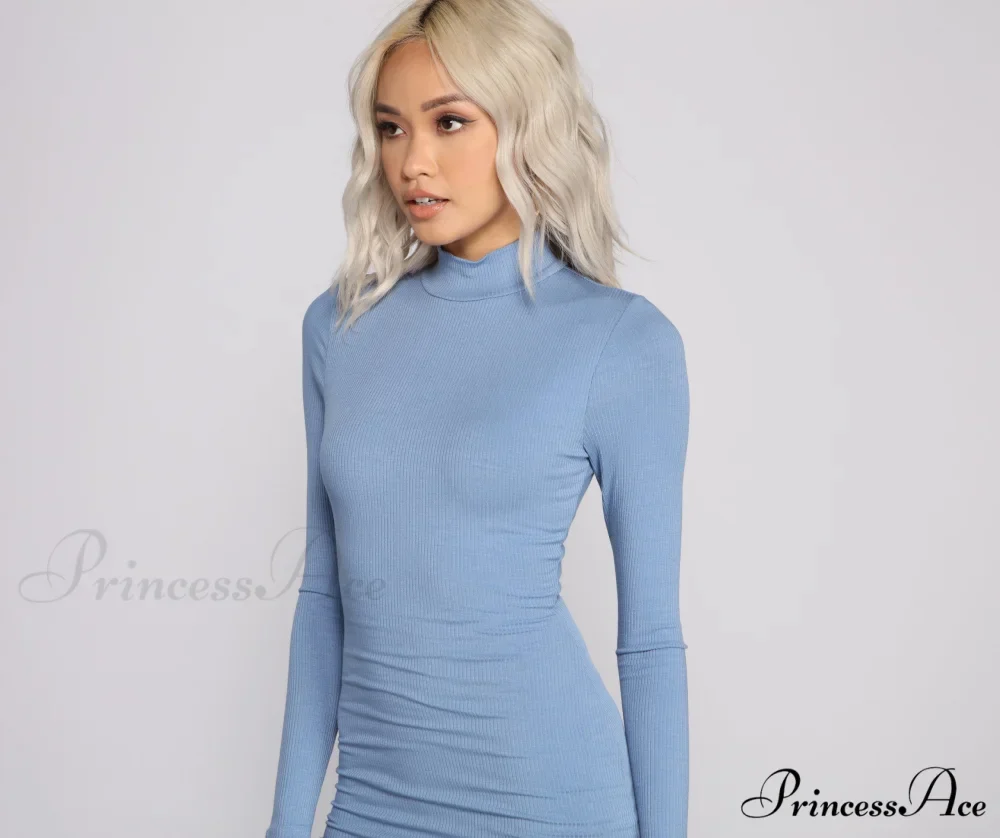 Basic Ribbed Knit Charming Long Sleeve Mini Dress - Image 7