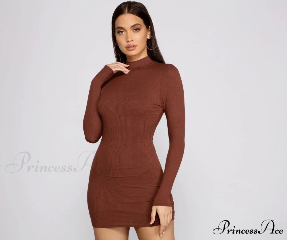 Basic Ribbed Knit Charming Long Sleeve Mini Dress - Image 9
