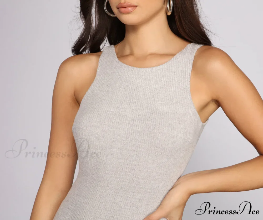 Brushed Knit Sleeveless Charming Crew Neck Midi Dress - Image 7