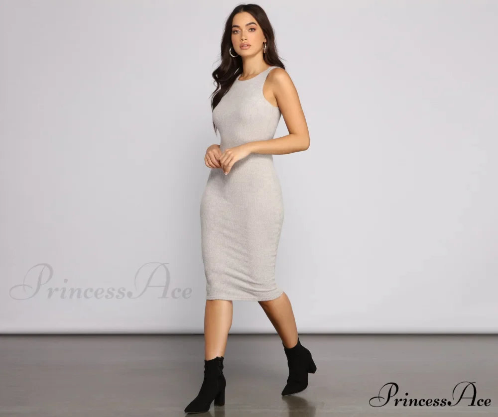 Brushed Knit Sleeveless Charming Crew Neck Midi Dress - Image 8