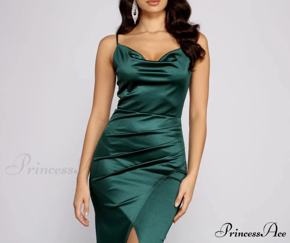 Chelsea Satin High Charming Slit Formal Dress - Image 3