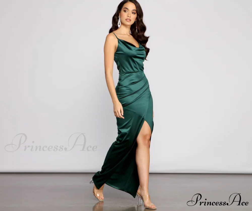 Chelsea Satin High Charming Slit Formal Dress - Image 4