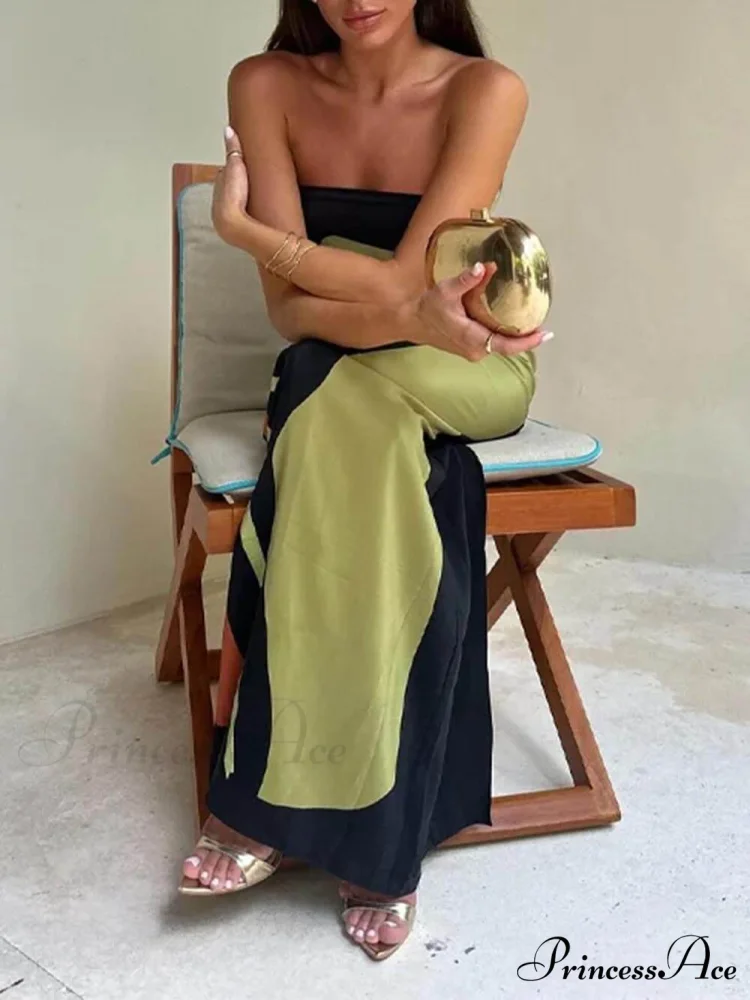 Contrast Sleeveless Off Charming Shoulder Printed Maxi Dress - Image 2