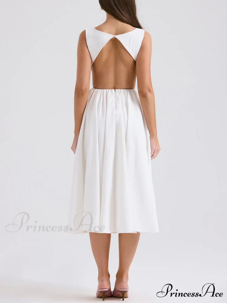 Stylish And Elegant Solid Color Trendy Round Neck Backless Sleeveless Midi Dress - Image 2