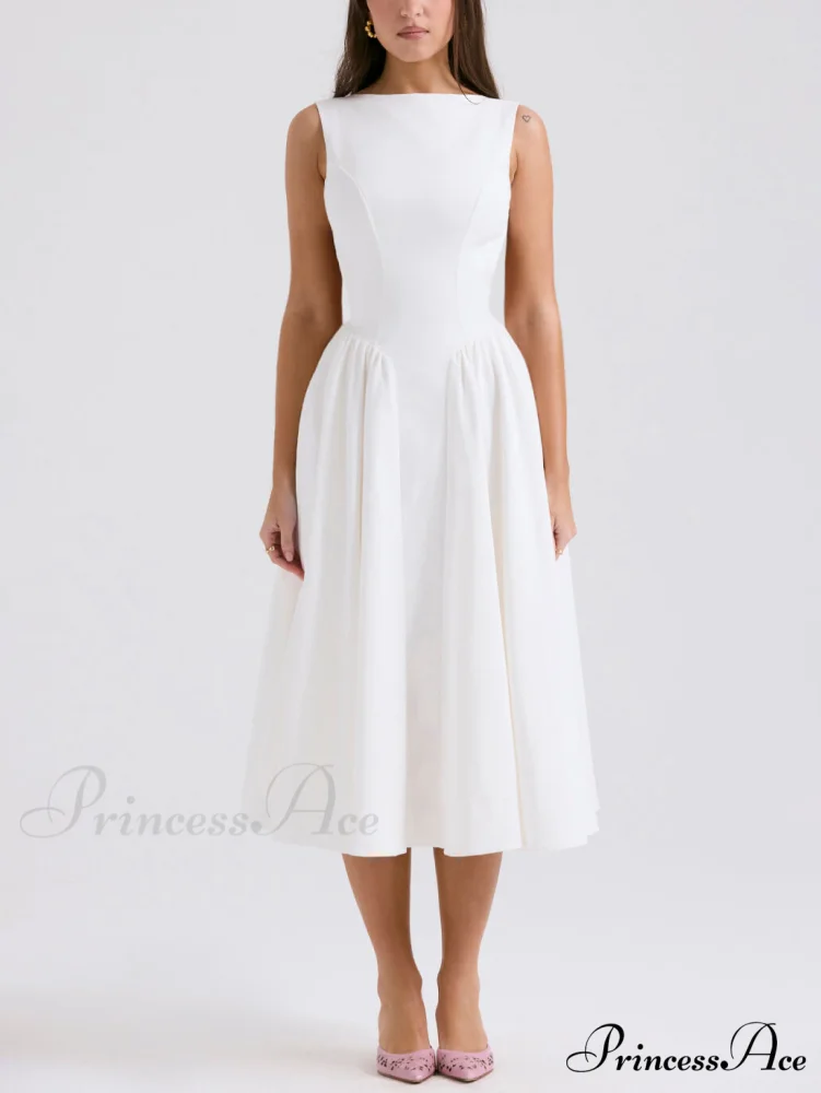 Stylish And Elegant Solid Color Trendy Round Neck Backless Sleeveless Midi Dress - Image 3