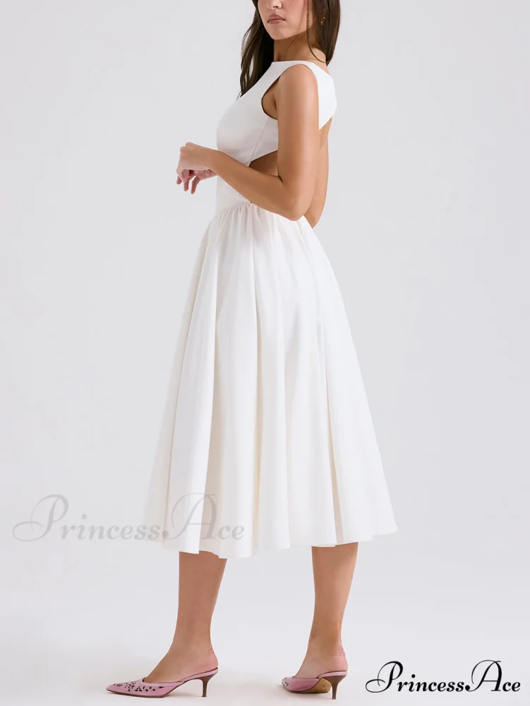 Stylish And Elegant Solid Color Trendy Round Neck Backless Sleeveless Midi Dress - Image 4