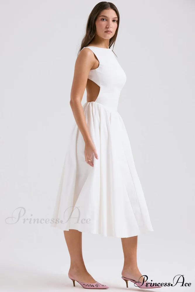 Stylish And Elegant Solid Color Trendy Round Neck Backless Sleeveless Midi Dress - Image 5