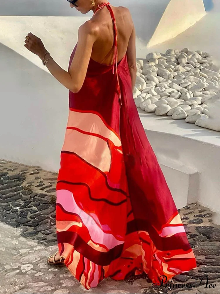 Summer Vacation Style Halter Neck Trendy Printed Backless A-Line Maxi Dress - Image 2