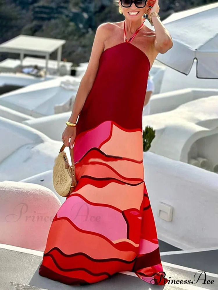 Summer Vacation Style Halter Neck Trendy Printed Backless A-Line Maxi Dress - Image 3