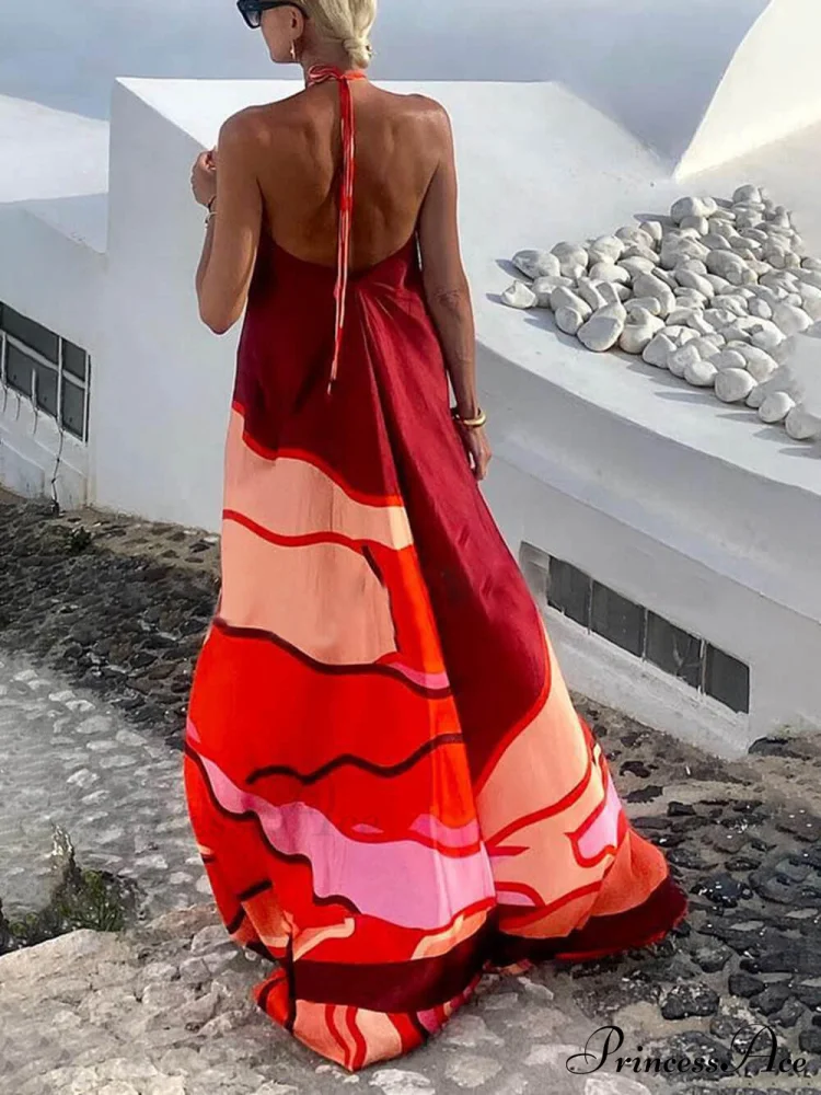 Summer Vacation Style Halter Neck Trendy Printed Backless A-Line Maxi Dress - Image 4